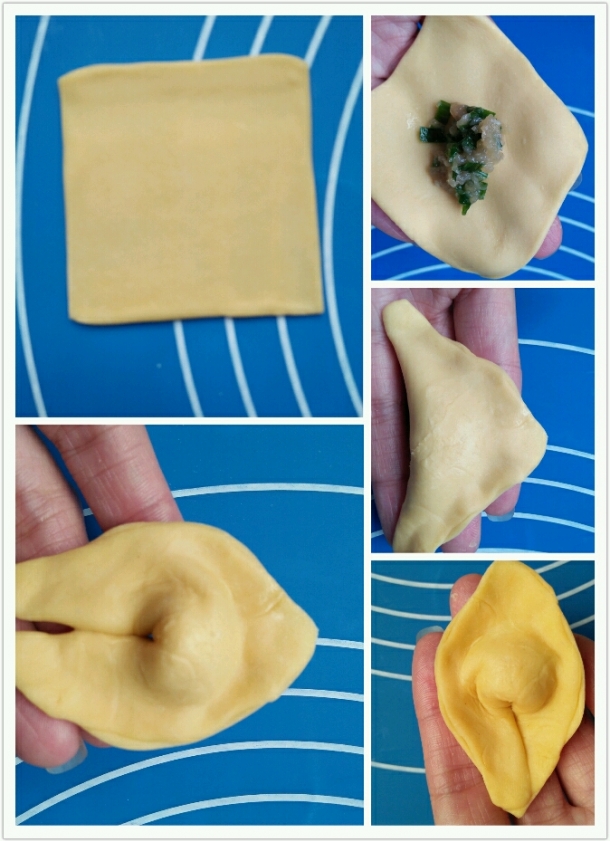 擀成正方形的饺子皮,放馅对角折,把横着的两个角折一起,包